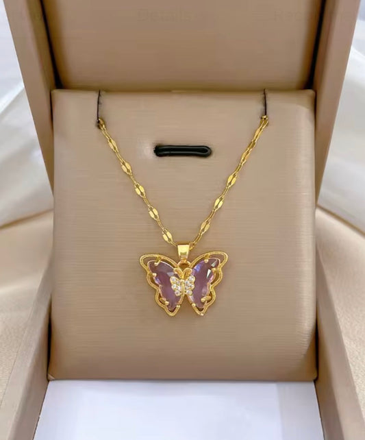 Pink crystal butterfly necklace