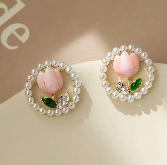 Ruby Floral Pearl Studs