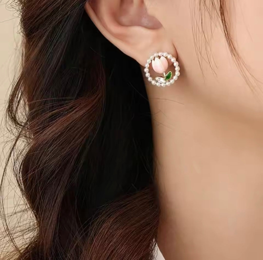 Ruby Floral Pearl Studs