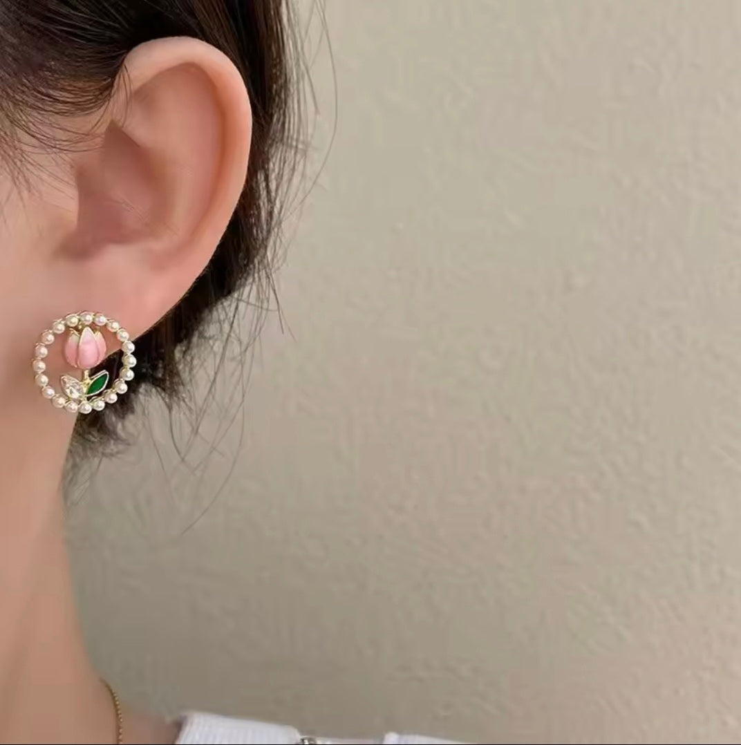 Ruby Floral Pearl Studs
