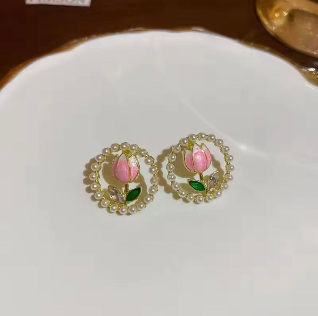 Ruby Floral Pearl Studs